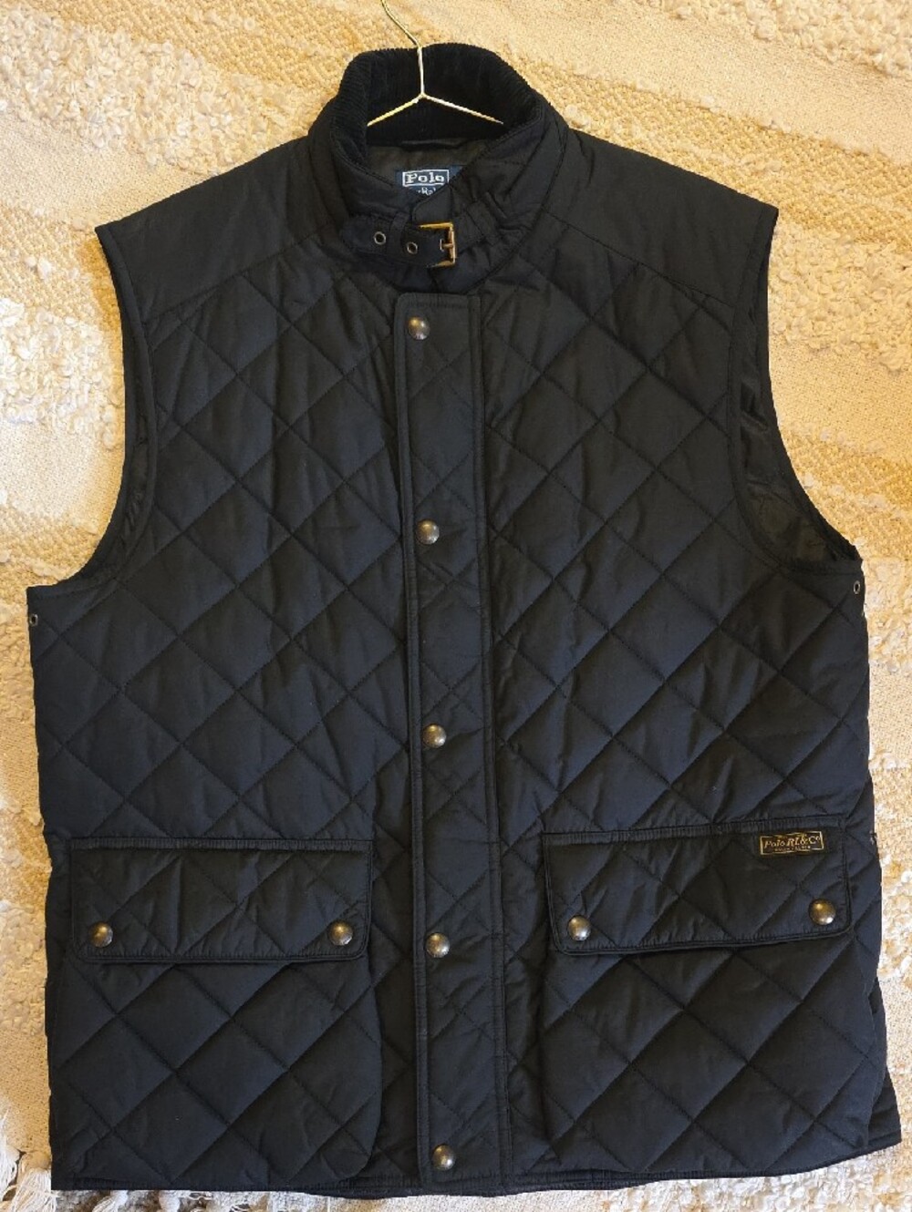Polo by Ralph Lauren Quilted Black Snap-Front Zip Vest Large Vintage
